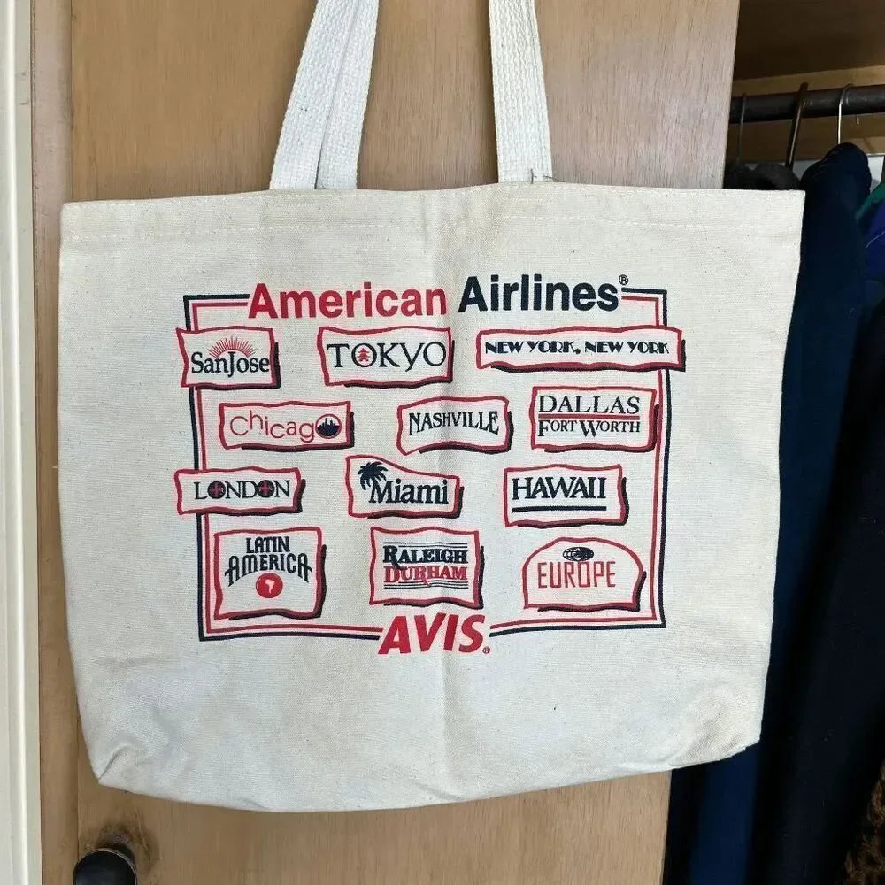 VTG 80s 90s American Airlines x Avis Canvas Travel Tote Bag Double Sided